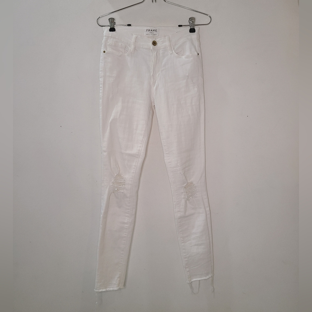 FRAME Le Skinny De Jeanne Crop Distressed Jeans in Blanc White Sz 27 - Picture 4 of 13